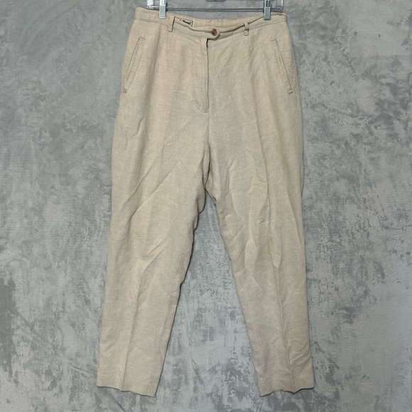 LL Bean Pants Womens 12 Beige Premium Washable Linen Pull On High Rise Wide Leg - Picture 1 of 9